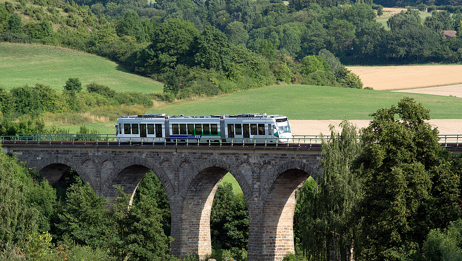 A regional streetcar in the North Hessian landscape